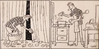 Gerő Sándor (1904-1977): Szomszéd Balázs lecsót vacsorázik. Tus, papír, jelzett, 9×33 cm