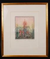 Gross Arnold (1929-): Mű-emlék I. Színezett rézkarc, papír, jelzett, üvegezett keretben, 13×15 cm
