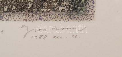 Gross Arnold (1929-): Mű-emlék I. Színezett rézkarc, papír, jelzett, üvegezett keretben, 13×15 cm