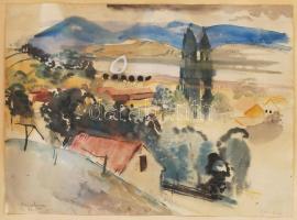 Elekfy Kirchner Jenő (1895-1968): Faluvége 1935. Akvarell, papír, jelzett, üvegezett keretben, 29x40 cm