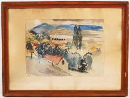 Elekfy Kirchner Jenő (1895-1968): Faluvége 1935. Akvarell, papír, jelzett, üvegezett keretben, 29x40...