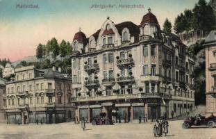 Marianske Lazne, Marienbad; Königsvilla, Kaiserstrasse / villa, street, automobiles, tobacco shop (pinhole)