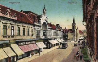 Nagyvárad, Rákóczi út, Barabás B. és T. férfi szabók, Klein Géza és Ödön üzlete, Újhelyi Róza női kalap és divat üzlete / street, shops, tailors (fl)