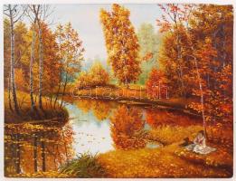 Olvashatatlan jelzéssel: Őszi színorgia. Olaj, farost, 59×79 cm
