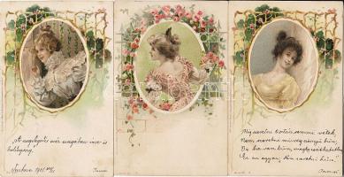 1900. Szép hölgyek, 6 klf szecesszós litho képeslap / Damen, 6 versch. Jugendstil-Lithokarten, Wezel und Neumann, Leipzig