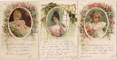 1900. Szép hölgyek, 6 klf szecesszós litho képeslap / Damen, 6 versch. Jugendstil-Lithokarten, Wezel...