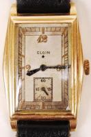 Elgin 14K arany tokos karóra, nem működő szerkezettel, bőr szíjjal / Elgin gold wristwatch, needs re...