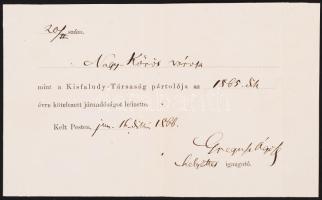 1866 Greguss Ágost (1825-1882) az MTA tagja, a Kisfaludy társaság elnöke saját kezű aláírása nyugtán