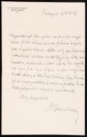 1933 Hevesi Simon (1863-1943) főrabbi saját kézzel írt levele Bárczy István miniszterelnöki államtitkárnak