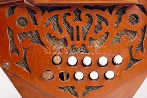 cca 1920 Concertina harmonika csont berakásos fa billentyűkkel, Működőképes, de két billentyű hiánny...