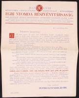 cca 1930 Jegy gyár - Az Egri Nyomda Részvénytársaság jegynyomtatását reklámozó nyomtatvány minta jegyekkel