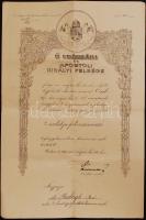 1887-1917 Egy katonaorvos pályafutása okmányokon. Egyetemi beiktató okmánya, vizsgaokmánya, majd hadseregbeli kinevezései. Először segédorvossá, ezredorvossá, törzsorvossá, majd II. osztályú főtörzsorvossá, a kinevezéseken /  1887-1917 Carreer of a military doctor. His diploma and his 3 appointents