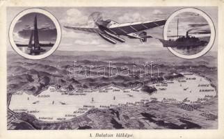 Balaton, térkép, vitorlás hajó, TKM repülő, gőzhajó (EK)