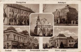 Szolnok, Pénzügyőrség, Bábaképző, Városháza, Ferenc rendiek temploma, színház (fa)