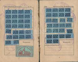 1911 MÉMOSZ tagsági könyv több száz tagdíj-, és halálozási bélyeggel