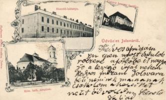 Jolsva, Honvéd laktanya, Coburg herceg kastélya, Római katolikus templom / barrack, castle, church, Art Nouveau