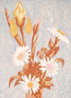 Jánosi Sándor (1927-):Virágcsendélet. Színes szitanyomat, papír, jelzett, szakadt, foltos 35×19 cm