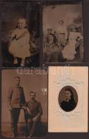 cca 1900-1920 Régi csoport és portréfotók, ferrotípiák (vaslemezre másolt gyorsfényképek), 4 db, 4x3 cm és 10x6,5 cm közötti méretekben / cca 1900-1920 Ferrotyps, 4x3 - 10x6,5 cm