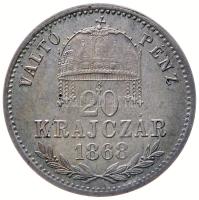 1868KB 20Kr Ag "Ferenc József - VÁLTÓ PÉNZ" Körmöcbánya (2.6g) T:1,1- RR! Hungary 1868KB 20 Kreuzer Ag "Franz Joseph - VÁLTÓ PÉNZ" (2.6g) C:UNC,AU RR! Huszár: 2154., Unger III.: 1472.a, Adamo M11.1