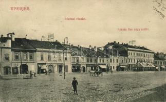 Eperjes, Fő utca, Fekete Sas Nagyszálló, gyógyszertár / Main street, hotel, pharmacy, shops (EK)