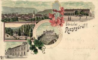 1899 Rozsnyó, Püspöki székház, Vasas fürdő, Krasznahorka, Leányiskola / Bishop Hall, spa, castle, girl school, litho, Art Nouveau