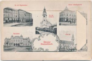 Kisújszállás, Nagy Gyula üzlete, leporellós képeslap zsinagógával és vasútállomással, Art Nouveau; Záhony Lajos kiadása / leporellocard, synagogue, railway station