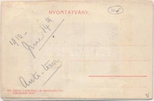 Kisújszállás, Nagy Gyula üzlete, leporellós képeslap zsinagógával és vasútállomással, Art Nouveau; Z...