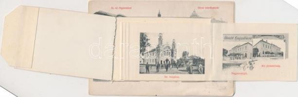 Kisújszállás, Nagy Gyula üzlete, leporellós képeslap zsinagógával és vasútállomással, Art Nouveau; Z...