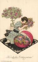 Easter, Lady with flowers, M. Munk Nr. 1052. litho s: Mela Koehler