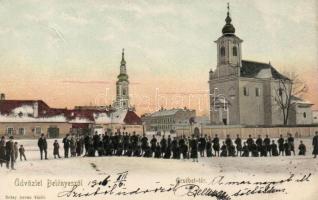 Belényes, Erzsébet tér, székesegyház, templom, Weisz Gyula és Leipnik Márton boltja / square, cathedral, church, shops (Rb)