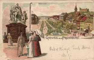 1899 Pozsony, Maria Theresia Monument, promenade / statue, street litho (lyuk / pinhole)