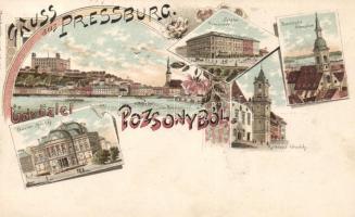 1898 Pozsony, színház, Séta tér, városház, Főtemplom / theatre, square, town hall, church, Art Nouveau litho