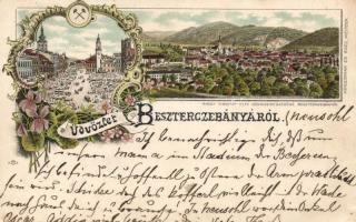 1899 Besztercebánya, IV. Béla király tér, Ivánszky Elek kiadása / square, floral, litho (EK)