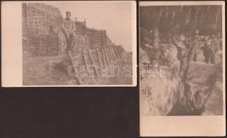 1916 Katonai fotók, bunker ásás és mellvéd építése, 2 db fotólap feliratozva, 9x14 cm / 1916 Military photos from the world war I., bunker and parapet, 2 photocards, descritpion on the verso, 9x14 cm