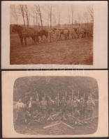 cca 1914-1918 A hadsereg élelmezése, burgonyát a katonáknak, szénát a lovaknak, 2 db fotólap, 9x14 cm / cca 1914-1918 Military photos from the world war I., army's catering, 2 photocards, 9x14 cm