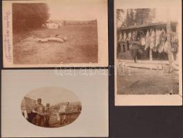 cca 1914-1918 A hadsereg élelmezése, egy hentes-mészáros katona albumából 3 db fotólap, kettő megírva, postázva (K.u.K. Infanterieregiment No. 26. pecséttel), 9x14 cm / cca 1914-1918 Military photos from the world war I., military's catering, 3 photos, 9x14 cm