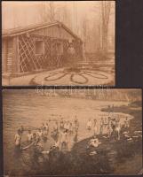 cca 1914-1918 Fürdőház a tiszteknek és folyóvíz a bakáknak, 2 db fotó, 8x11 cm és 8,5x13,5 cm / cca 1914-1918 Military photos from the world war I., bathing, 8x11 cm and 8,5x13,5 cm
