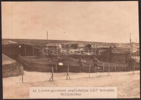 1917 A Magy. Kir. 1. sz. honvéd gyalogezred segélyhelye 1917 tavaszán Wolhyniában, feliratozva, 11x15 cm / cca 1914-1918 Military photos from the world war I., the Hungarian regiment in Wolhynia, 11x15 cm