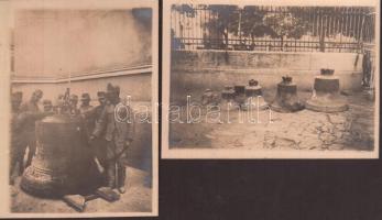 cca 1914-1918 Hadizsákmány, a harangokból ágyúkat készítenek, 2 db fénykép, 9x12 cm / cca 1914-1918 Military photos from the world war I., bells, 8x13 and 9x14 cm
