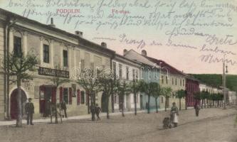Podolin, Fő utca, Pollák Lajos üzlete és kiadása / street, shop (ázott sarok / wet corner)