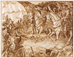 Gönczi Béla (1934-): Buda visszafoglalása. Rézkarc, selyem, jelzett a selymen, keretben, 29×37 cm