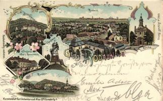 Vienna, Wien XXIII. Rodaun, Schloss, Kirche, Josefswarte, Stelzer's Hotel un Restaurant / castle, church, lookout tower, hotel, retaurant, Karl Schwidernoch, Art Nouveau, litho (EK)