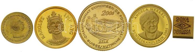 5db-os aranypénz tétel: Ausztria 1915. Korona Au "Ferenc József" mini aranypénz utánveret (0.27g) + Elefántcsontpart 2008. 1500Fr Au "Labdarúgó EB" (1g/0.917) + Németország 1997. "Károly" Au emlékérem (1.55g/0.585) + 2005. "Angela Merkel" Au emlékérem (1.01g/0.999) + DN. Degussa 20Kt Au tömböcske (1.13g/0.833) T:PP,vegyes 5pcs of various gold coin: Austria 1915. Corona Au restrike mini gold coin (0.27g) + Ivory Coast 2008. 1500 Francs Au "UEFA" (1g/0.917) + Germany 1997. "Karolus Imp Avg" medallion (1.55g/0.585) + 2005. "Angela Merkel" commemorative gold medallion (1.01g/0.999) + ND Degussa 20Kt mini gold array (1.13g/0.833) C:PP,mixed