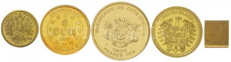 5db-os aranypénz tétel: Ausztria 1915. Korona Au "Ferenc József" mini aranypénz utánveret ...