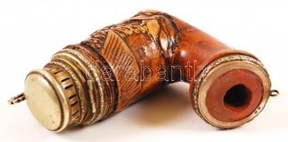 Vadász jelenetes antik tajtékpipa 1801-es datálással, kézzel faragott, ezüst szerelékkel, mesterjegg...