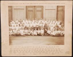 1916 Goszleth és Fia (Bp.): A középiskolai tanárok részére 1916. évi július hóban Budapesten tartott testnevelési tanfolyam előadó tanárai és résztvevői a nevek feltüntetésével, fotóméret 28x39 cm, karton (szélén szakadással, sarkán törésvonallal), 40x50 cm