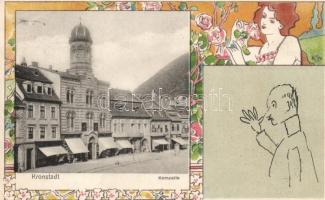 Brassó, Kronstadt; Kornzelle, artist signed, Art Nouveau litho