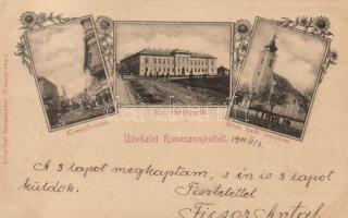 Rimaszombat, Kossuth utca, törvényszék, katolikus templom; Lévai Izsó kiadása / Kossuth street, court, church; floral