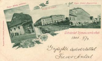 Rimaszombat, Tompa Mihály szülőháza, törvényszék, főgimnázium; Lévai Izsó kiadása / Tompa's birth house, court, gramar school; floral