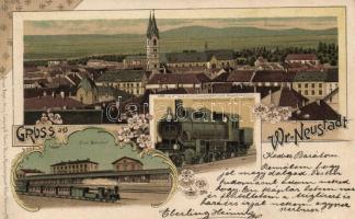 Wiener Neustadt, Süd Bahnhof, Locomotive, / railway station, Art Nouveau litho